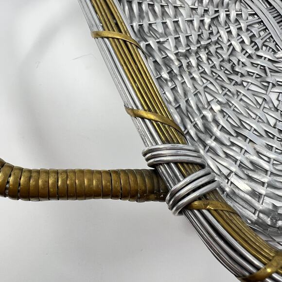 Vintage Mid Century Casserole Holder Woven Aluminum Brass Table Serving Basket - Picture 11 of 15